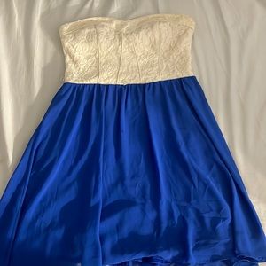 Strapless dress. Mini dress. Blue dress. Cute dress.